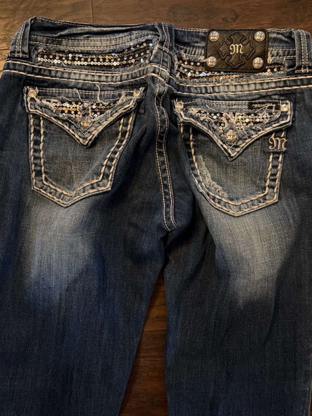 Miss Me Blue Wash Boot Cut Jeans with Sequin Back Pockets
